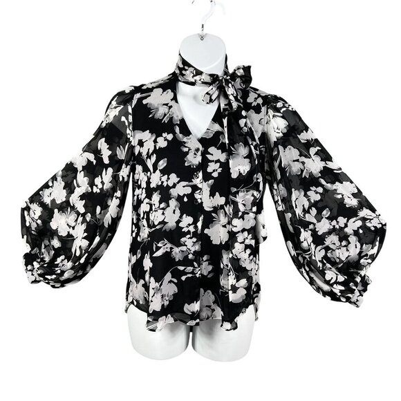 Chicos 1 NEW Womens 8/10 Abstract Floral Bow Blouse Sheer Chiffon Bishop Sleeve - Picture 1 of 16